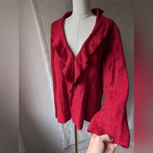 Vintage Monterey Bay 100% Wool Dark Red Ruffle V-neck Clasp Closure Cardigan